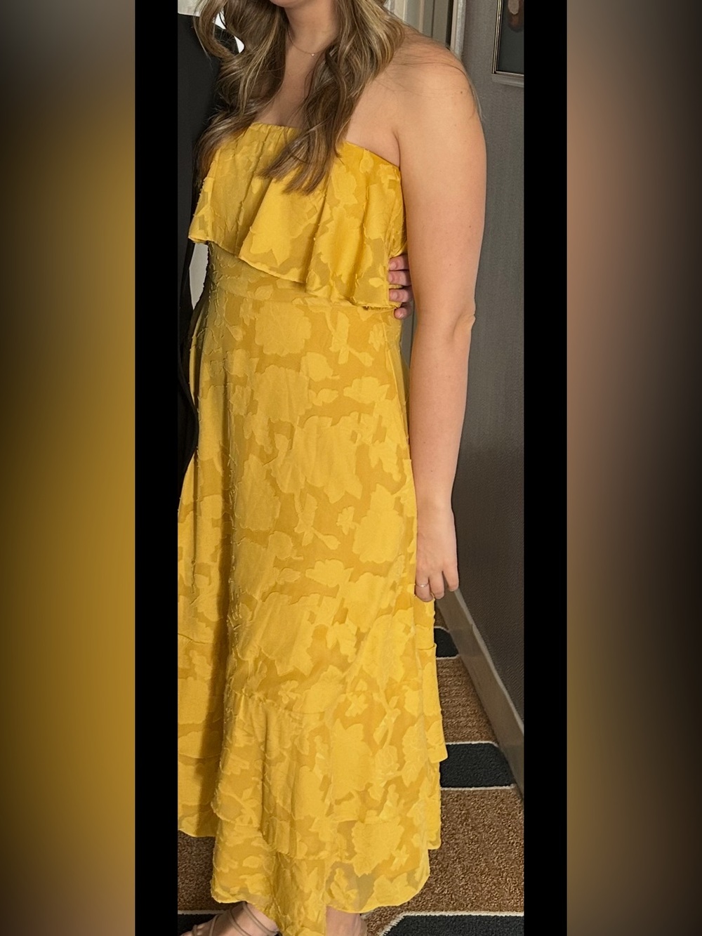 Lulu's Mustard Yellow Textured Maxi Dress with Ruffle Bodice